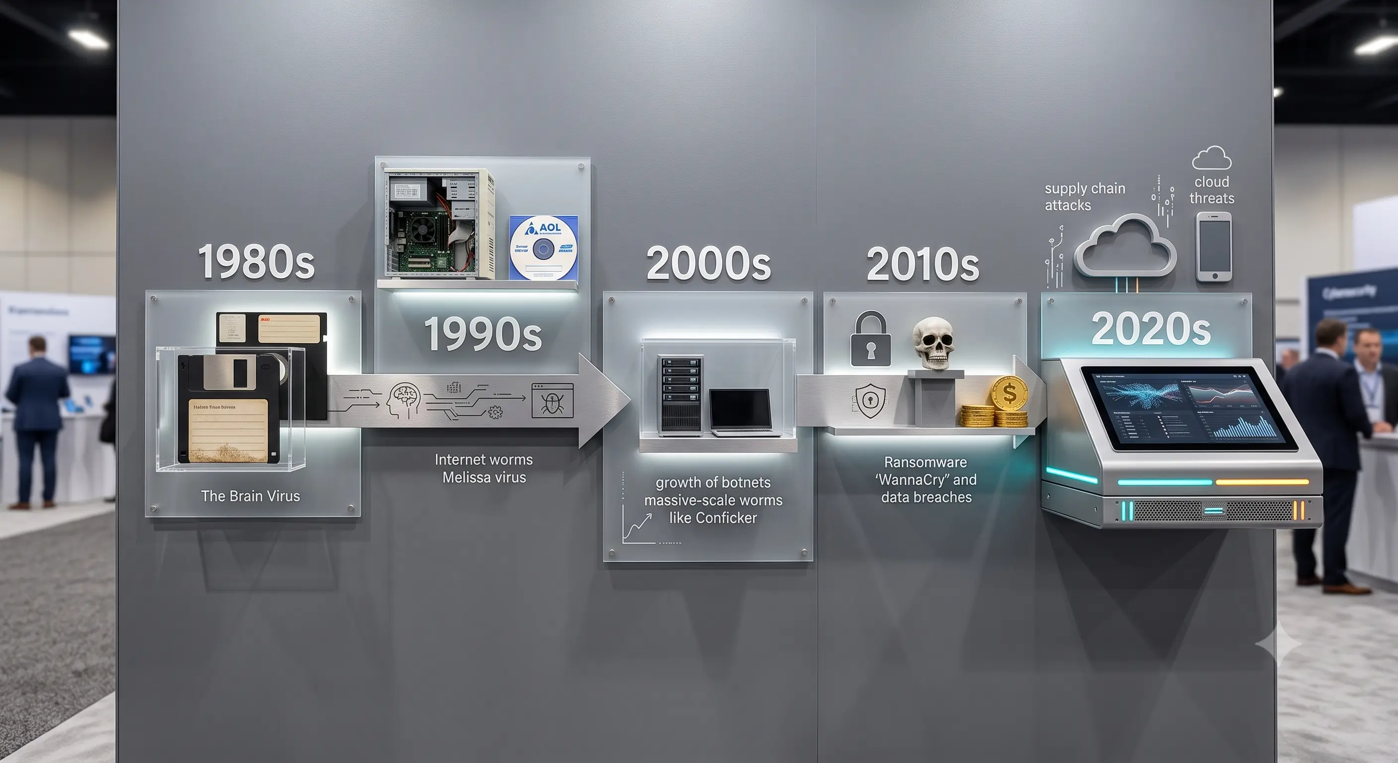 Timeline showing malware evolution from floppy disks to modern cyberattacks