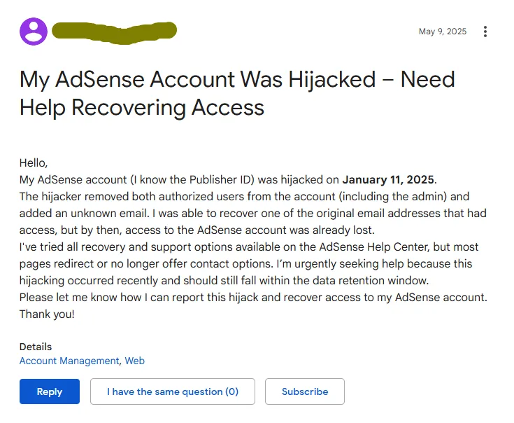 Hijacked Google AdSense account.